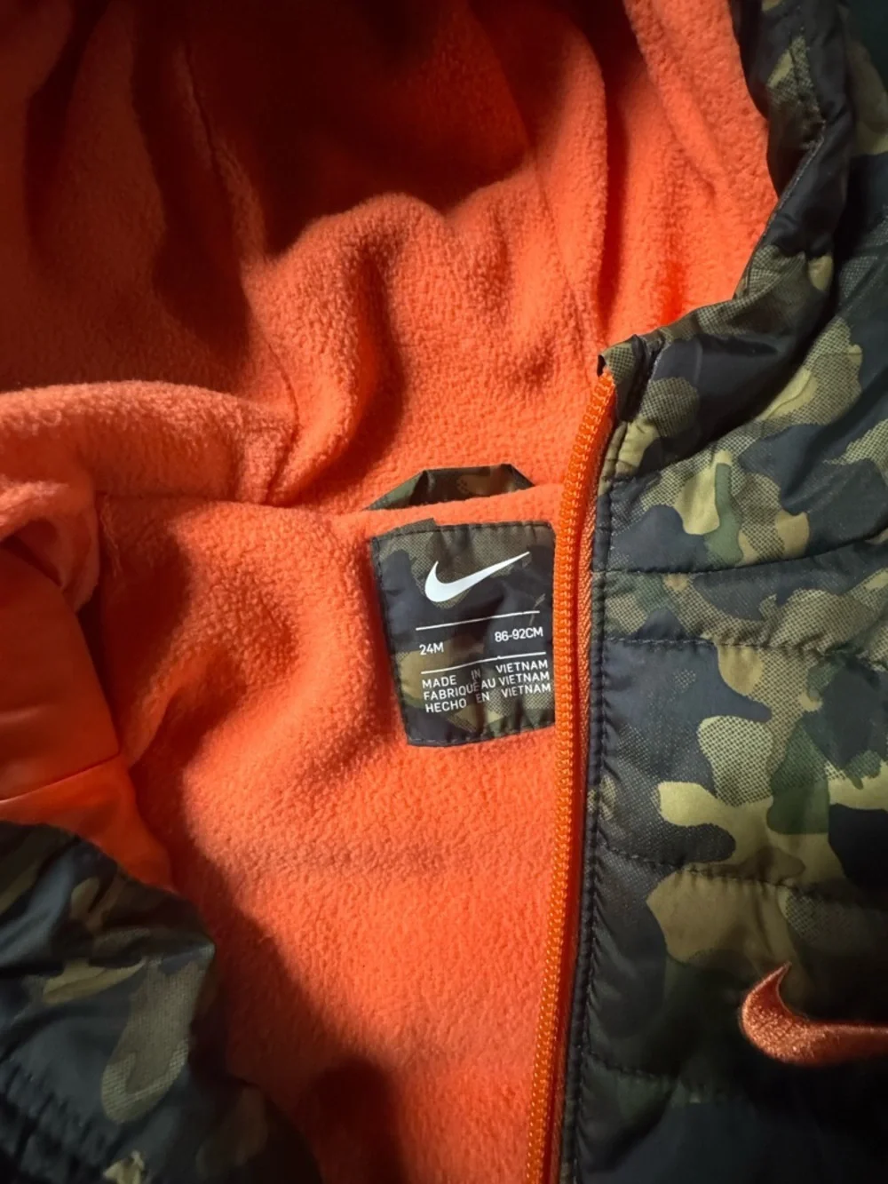 Nike Kids' Camouflage Puffer Jacket with Orange Interior and Zip - 24 months